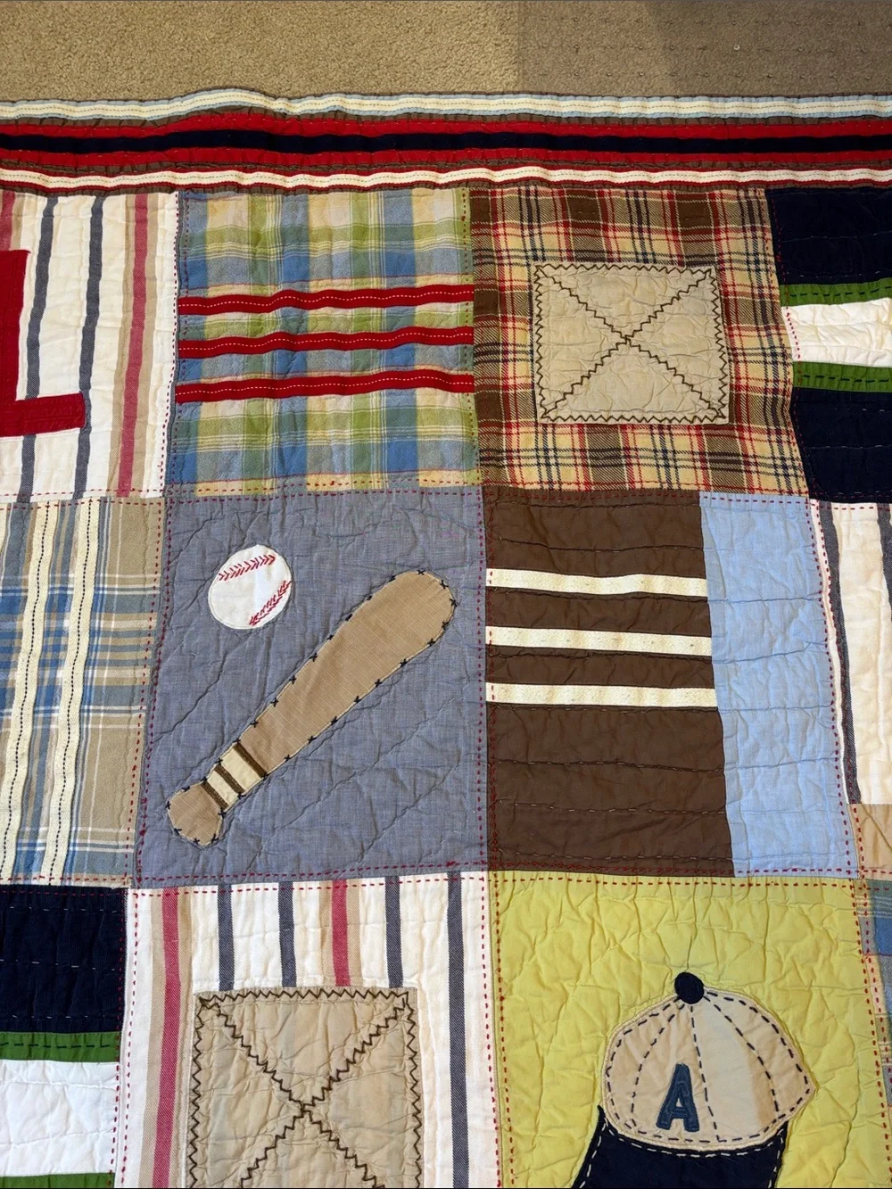 Pottery Barn Teen Sports Patchwork Quilt - Navy, Brown, Green, Red, Blue, Tan